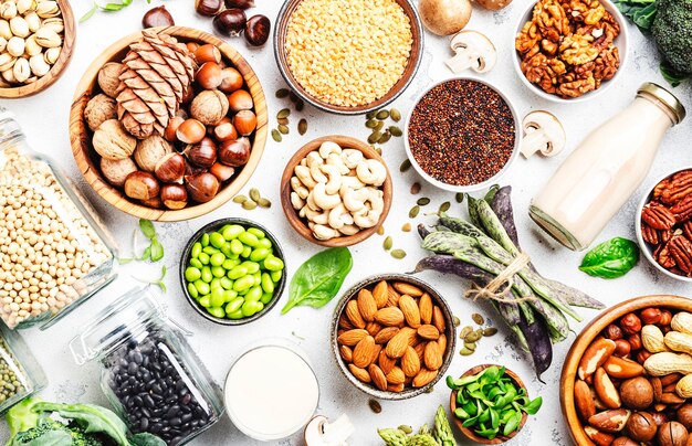 Białko wegańskie Pełny zestaw roślinnych źródeł żywności wegetariańskiej Zdrowe odżywianie składników diety Rośliny strączkowe