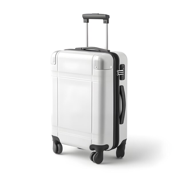 Biało-czarna walizka z napisem travel na przodzie.