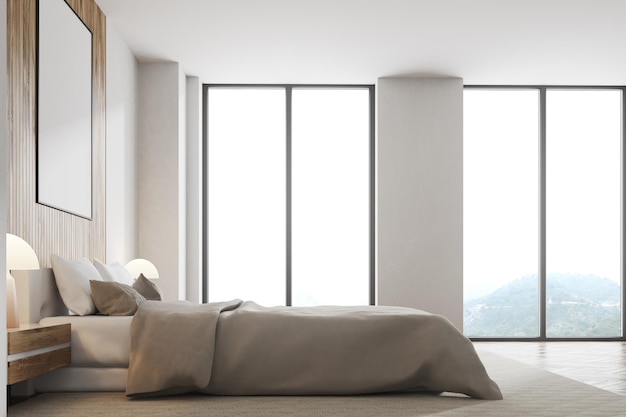 Biało-drewniana sypialnia z pionowym plakatem w ramie, wysokimi oknami i podwójnym łóżkiem. Makieta renderowania 3D