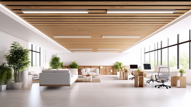 Biało-drewniane biuro typu open space Generative AI