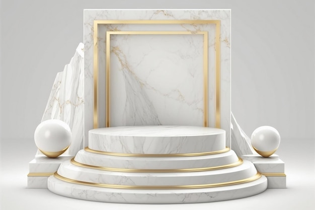 Biało-złota makieta prezentacji produktu Marmurowe podium z miejscem na kopię Salon wystawowy na scenie Pusta scena Generacyjna sztuczna inteligencja