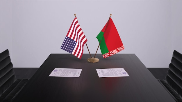 Białoruś i USA przy stole negocjacyjnym Biznes i polityka Flagi narodowe umowa dyplomatyczna