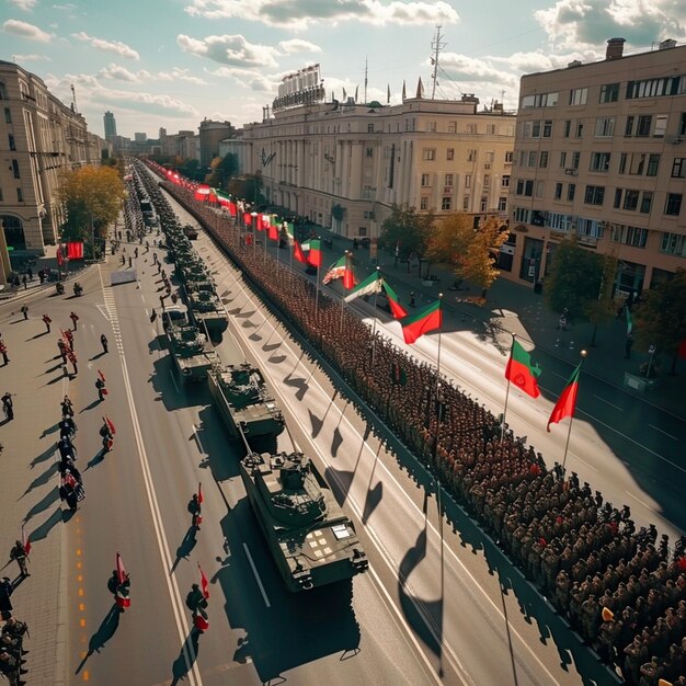 Białoruska parada z okazji Dnia Zwycięstwa ulica pojazdów wojskowych
