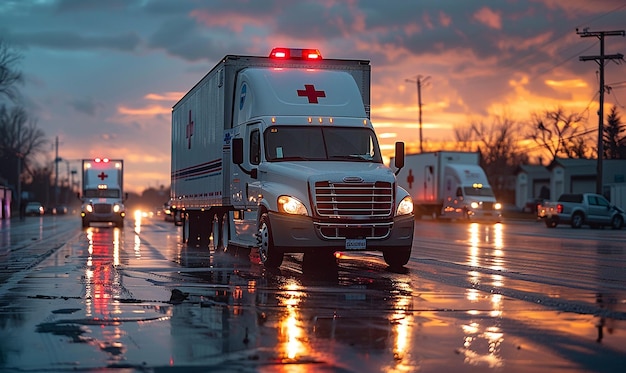 Zdjęcie biały ambulans z czerwonym krzyżem na górze