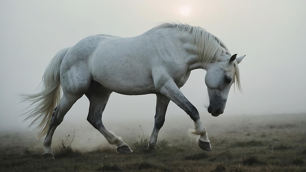 Biały arabski koń galopujący na mglistym polu o wschodzie słońca