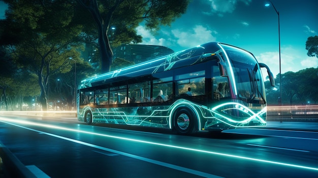 Biały autobus poruszający się szybko po drogach w nowoczesnym mieście z efektem świetlnym Generative AI