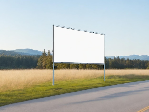 Biały billboard na poboczu drogi z górami w tle.