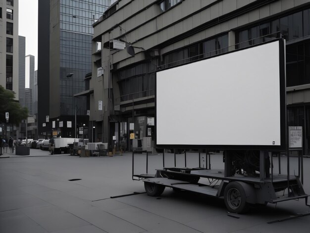 Biały billboard znajduje się na przyczepie przed budynkiem.