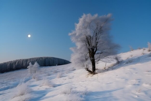 Biały bożonarodzeniowy krajobraz śnieżne drzewo na wzgórzu z księżycem na błękitnym niebie Wygenerowana sieć neuronowa