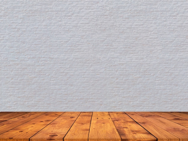 Biały ceglany mur z drewnianą podłogą powiększającą tło wyświetlania produktu display