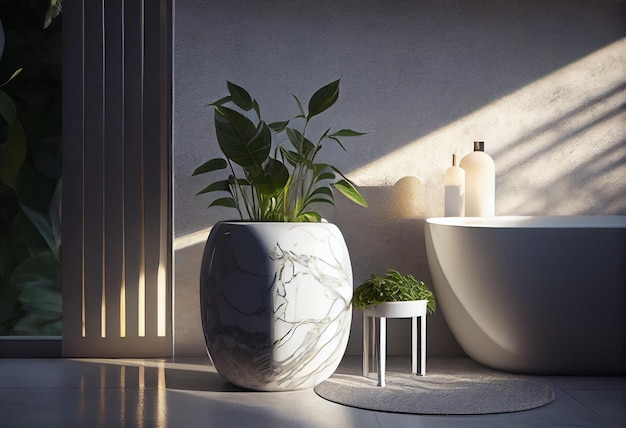 Biały ceramiczny stolik obok marmurowej wanny w nowoczesnej łazience z zielonymi roślinami AI Generated