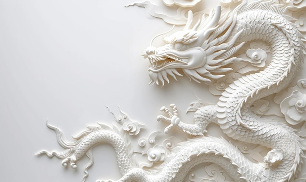 Biały chiński smok z białym tłem przestrzeni kopii