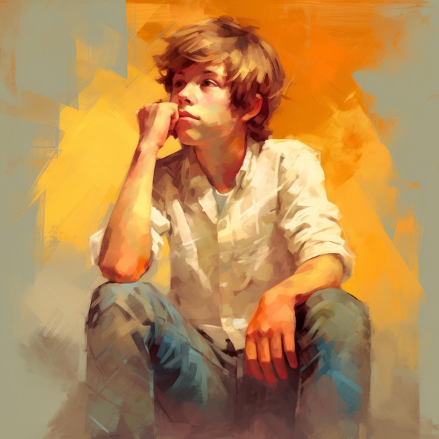 Biały chłopiec w myśleniu i wątpliwościach przedstawia ilustrację namalowaną olejem Mężczyzna z marzoną twarzą na abstrakcyjnym tle Ai wygenerował akrylowy płótno jasny plakat
