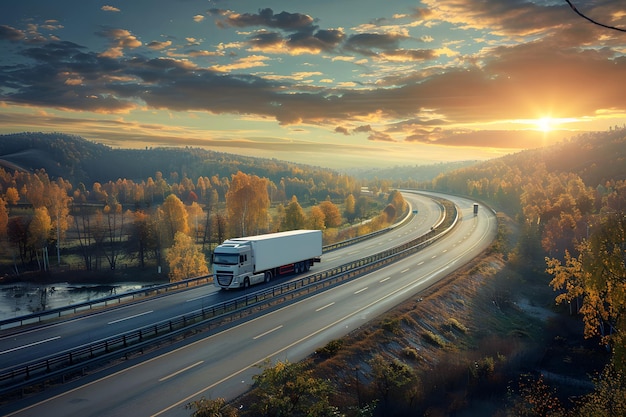 Biały ciężarówka jeździ po autostradzie z drzewami na tle