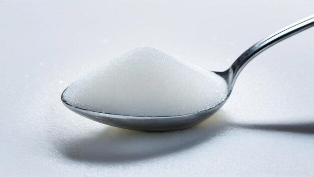 Biały cukier w łyżce z boku