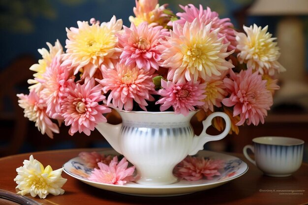 Zdjęcie biały czajnik z kwiatami na stole i czajnik na boku.