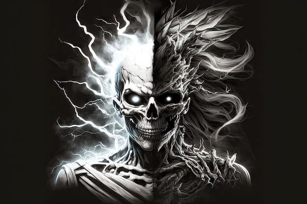 Biały czarny portret upiornego potwora ze świecącymi oczami i generatywną sztuczną inteligencją szkieletu ducha