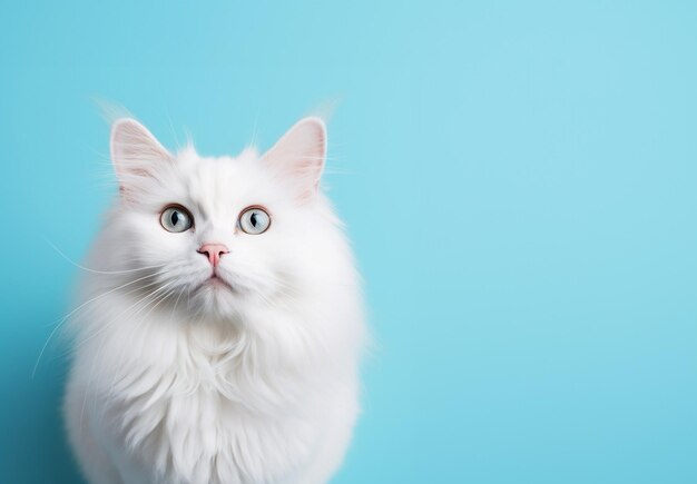 Biały długowłosy kot szkocki zwisłouchy patrząc na niebieskim tle