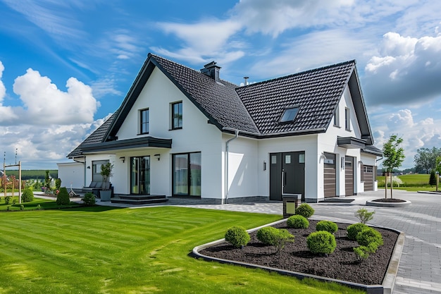 Zdjęcie biały dom rodzinny z czarnymi płytkami dachowymi i pięknym przednim podwórkiem z zielonym trawnikiem i utwardzonym