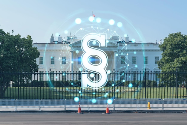 Biały Dom w słoneczny dzień Waszyngton DC USA Władza wykonawcza Administracja prezydenta Świecące hologramowe ikony prawne Koncepcja porządku prawnego przepisy i sprawiedliwość cyfrowa