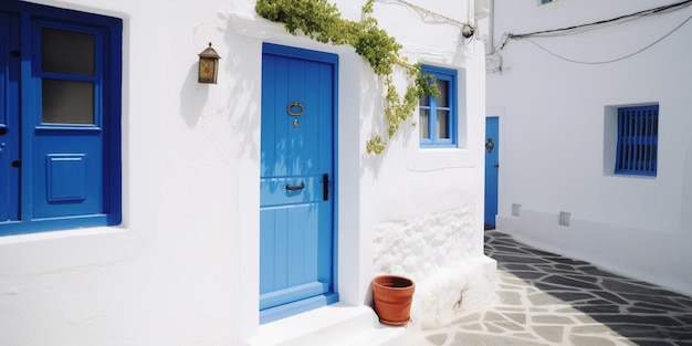 Biały dom z niebieskimi drzwiami i białą ścianą z numerem 7.