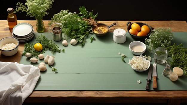 Biały drewniany stół pokryty zielonym obrusem i naczyniami kuchennymi