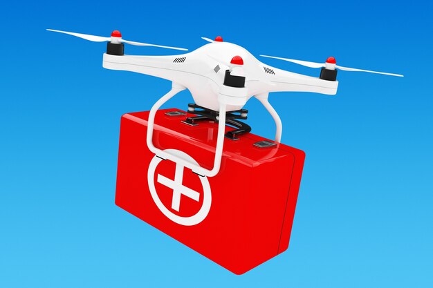 Biały dron quadrocopter z apteczką na niebieskim tle. Renderowanie 3D