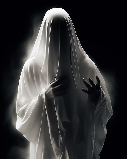 Biały duch w ciemnym pokoju stoi w świętej pozie z czarnym tłem
