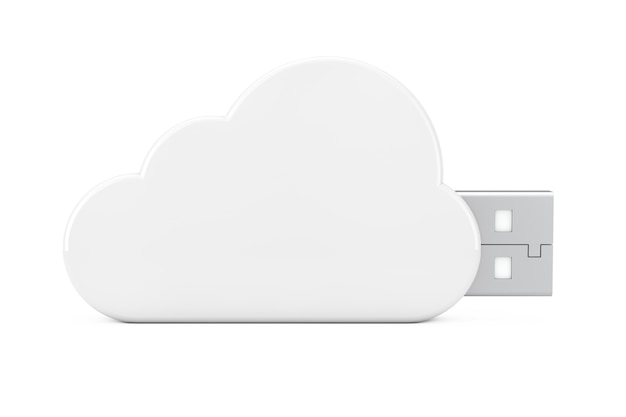 Biały dysk flash USB w kształcie chmury na białym tle. Renderowanie 3D