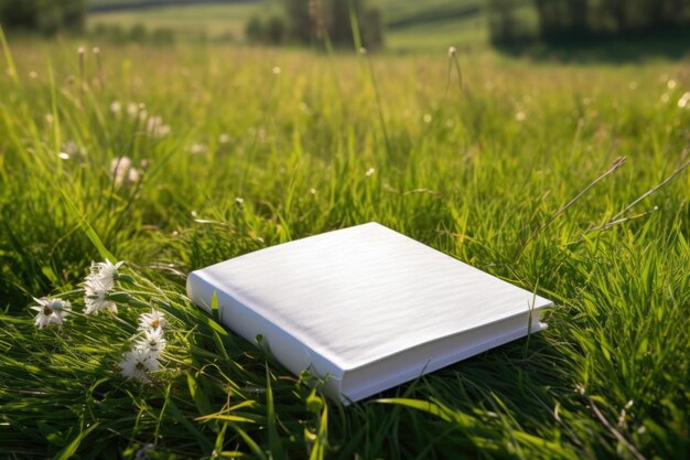 Zdjęcie biały dziennik umieszczony na trawiastym polu w słońcu