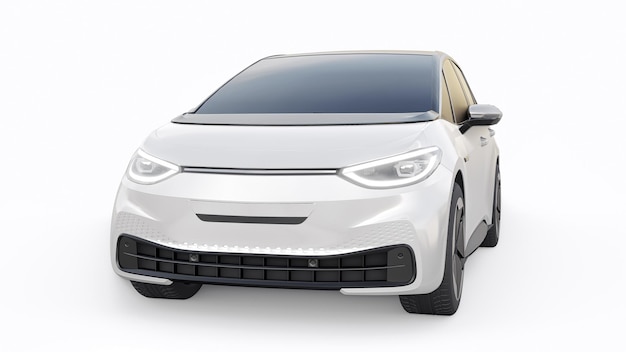 Biały elektryczny miejski hatchback nowej generacji z ilustracją 3d o rozszerzonym zasięgu
