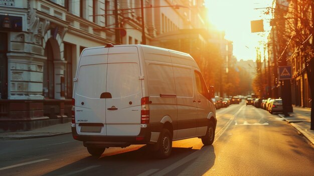 Zdjęcie biały furgonetka jadąca ulicą obok wysokich budynków nadająca się do koncepcji transportu miejskiego