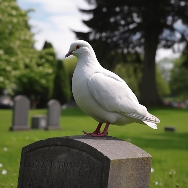 Biały gołąb stoi na grobie na cmentarzu.