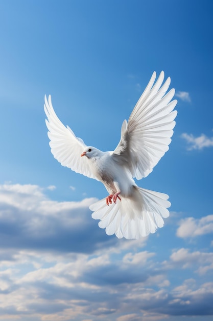Zdjęcie biały gołąb szybujący w tle błękitnego nieba z pustym miejscem na tekst
