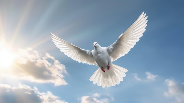 Biały gołąb z szeroko otwartymi skrzydłami w niebieskim niebie, w powietrzu z chmurami.