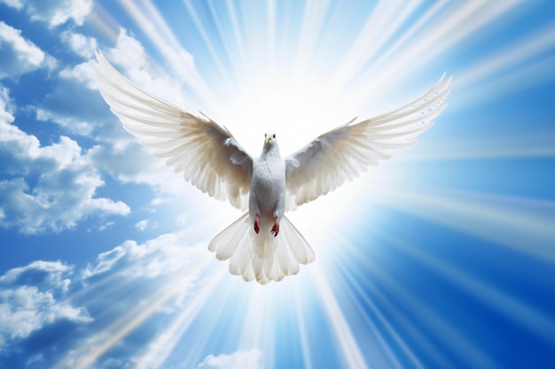 Biały gołąbek pokoju latający na niebieskim niebie ze światłem słońca