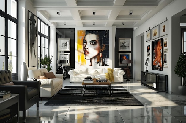 Biały i czarny stylowy nowoczesny salon z kaszlem i stolikiem do kawy i malowidłami na ścianach galeria sztuki i duże okna przestrzeń do kopiowania