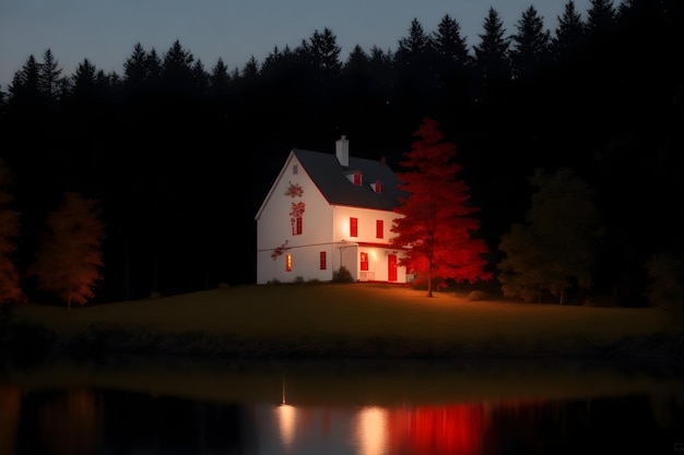 Biały i Czerwony Dom otoczony drzewami w nocy generowany przez Ai