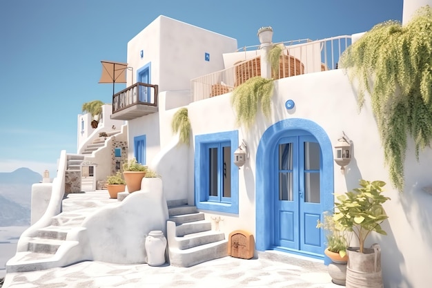 Biały i niebieski dom ze schodami i roślinami