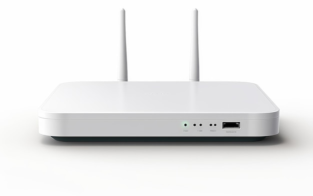 Zdjęcie biały i niebieski router na stole
