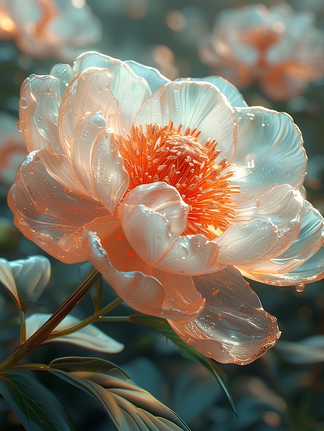 Biały i pomarańczowy kwiat z kropelami wody