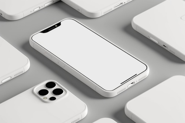 Biały iPhone z pustym ekranem leży na wielu białych iPhone'ach.