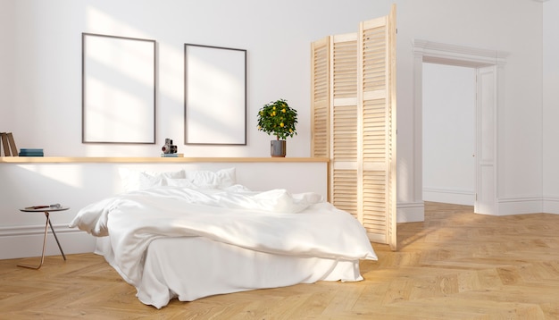 Biały klasyczny skandynawski loft sypialnia wnętrze światło słoneczne d render ilustracja makieta