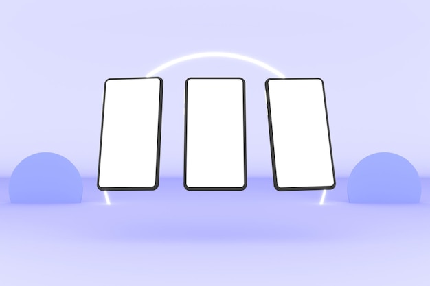 Biały kolorowy ekran smartfona 3D w niebieskim tle z neonowym białym kolorem koła pierścieniowego