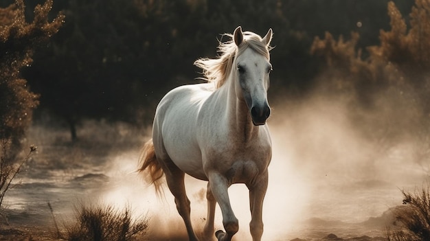 Biały koń biegnie przez kurz