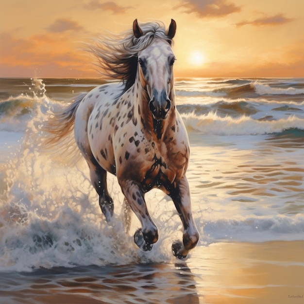 Biały koń biegnie w wodzie na plaży Ai wygenerował sztukę