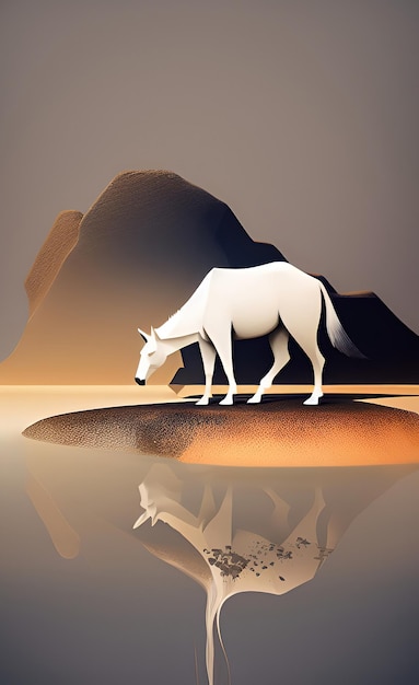 Biały koń chodzi po wyspie z górami w tle.
