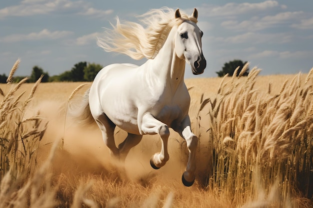 biały koń galopujący przez pole w słońcu