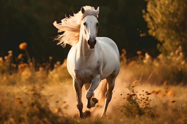biały koń galopujący przez pole w słońcu