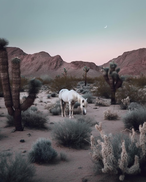 Biały koń stoi na pustyni z księżycem w tle.